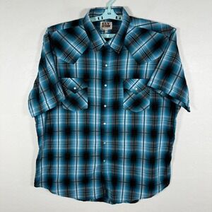 Ely Cattleman Shirt Mens 2XL Blue Pearl Snap Western Short Sleeve Frontier Plaid